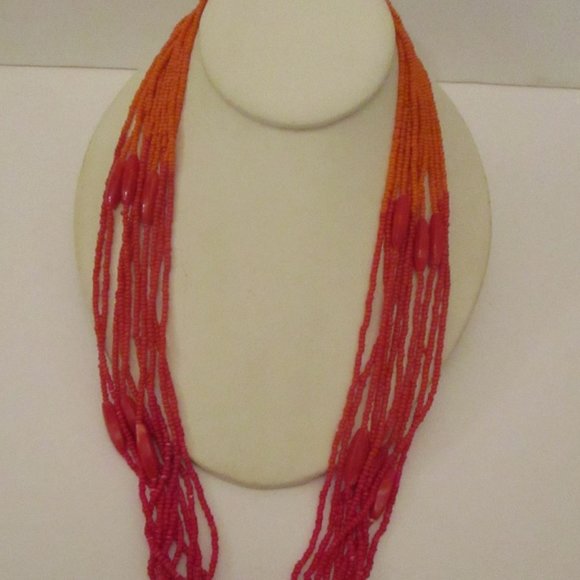 10 STRAND GLASS Necklace Orange Multi Strand Necklace Lucite & Glass Beads - Picture 1 of 12